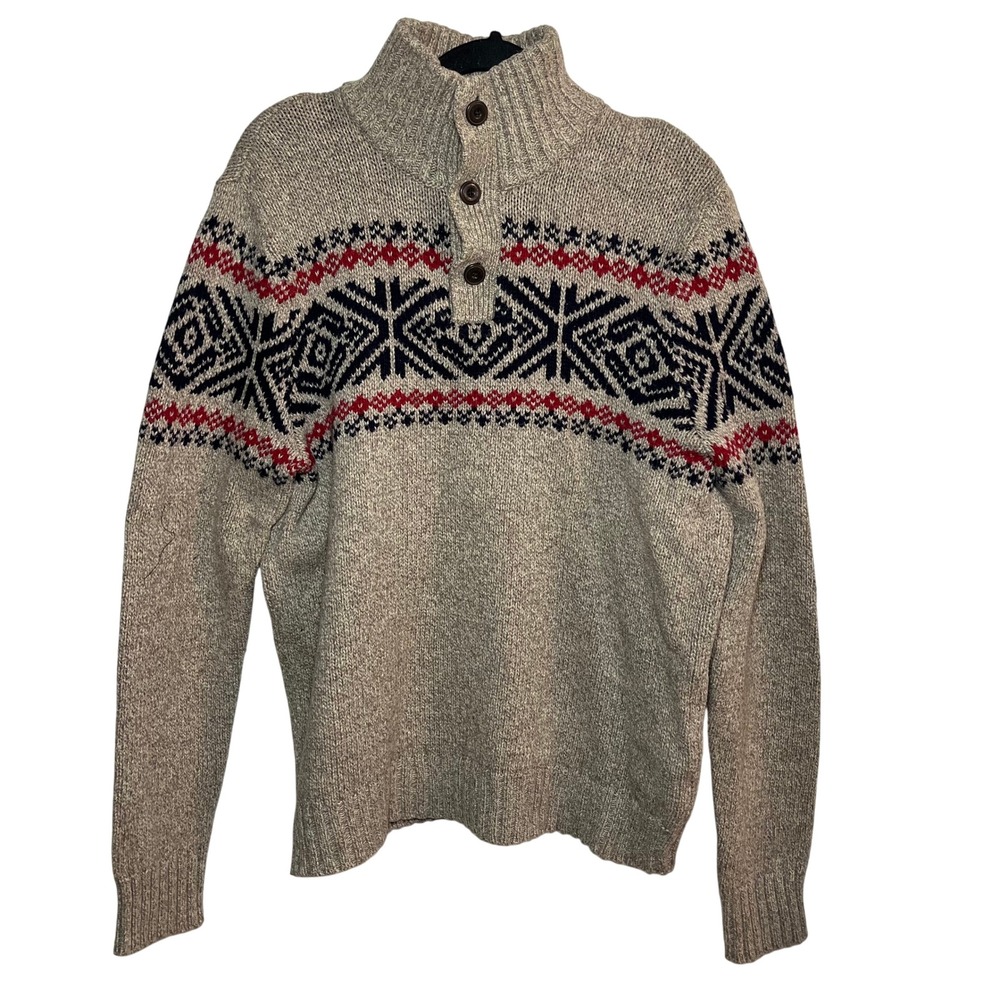 American Eagle Fair Isle Quarter Button Sweater Oatmeal Small‎ Preppy Mock Neck